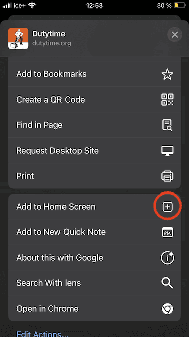 Add to Home Screen button on iPhone